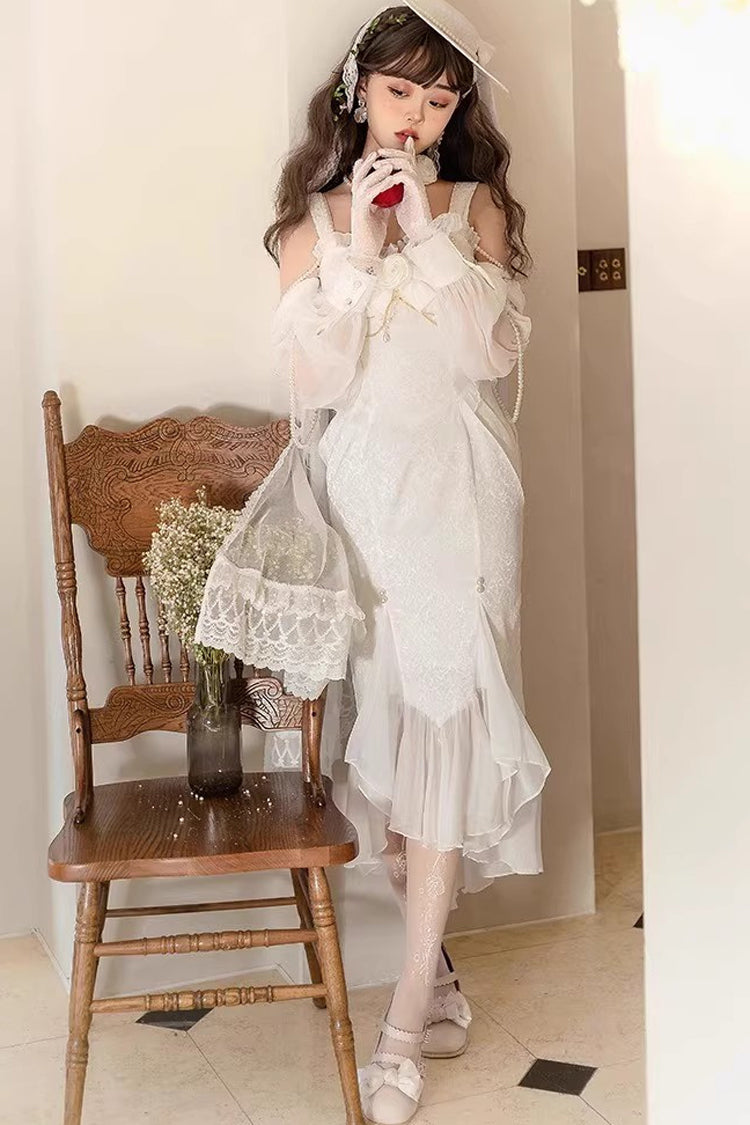 White [Camellia 1.0] Sleeveless Jacquard Ruffle Lace Sweet Chinese Style Lolita Jsk Fishtail Dress - Product - 3