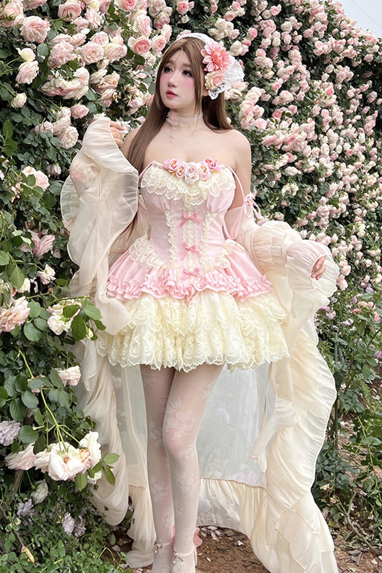 Pink [Pure Dream Flower Love] Multi-Layered Ruffle Embroidery Bowknot Lace Sweet Lolita Jsk Dress - Product - 6