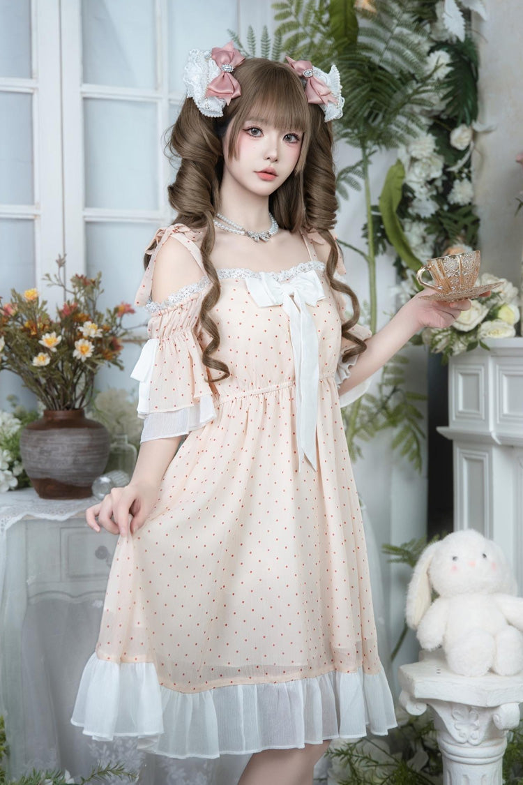 Pink Off Shoulder Short Sleeves Polka Dots Printed Ruffled Bow Lace Sweet Elegant Palace Lolita Dress - Product - 2