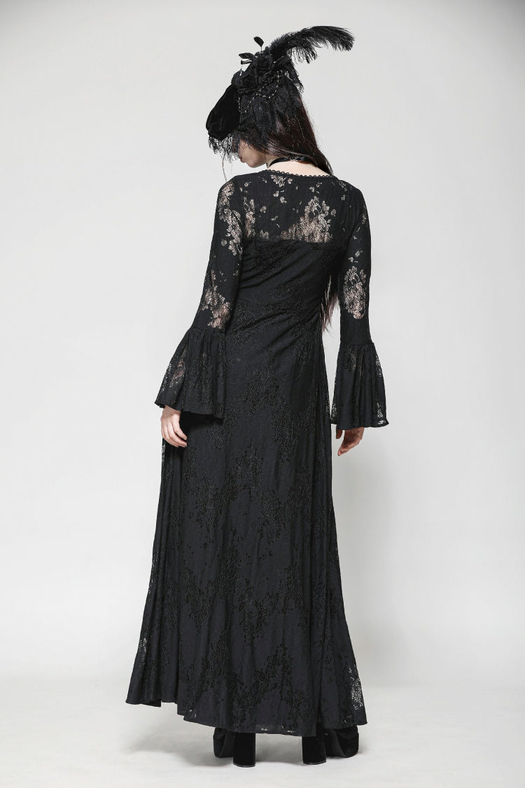 Black Long Flared Sleeves Lace Trimmed Lace-Up Women's Gothic Elegant Robe - Product - 11