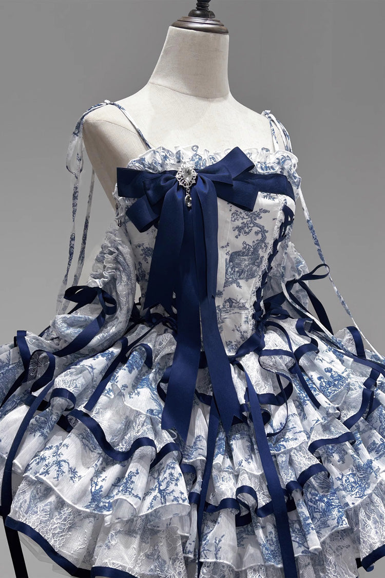 Blue/White Sleeveless Multi-Layered Print Bowknot Fishbone Sweet Classic Chinese Style Lolita Jsk Short Dress - Blue/White - 1