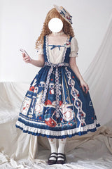 Dark Blue [Tea Party] Short Sleeves Print Ruffle Bowknot Lace Sweet Elegant Lolita Dress - Product - 6