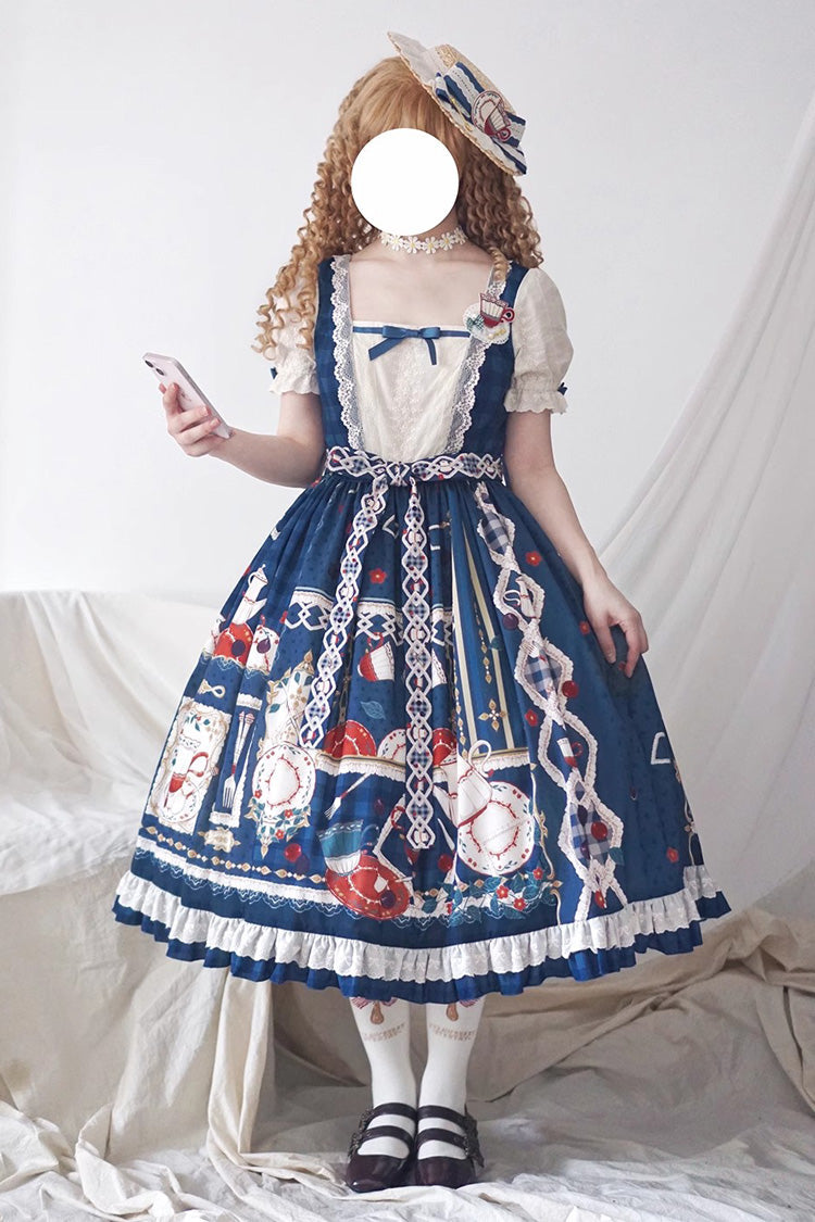 Dark Blue [Tea Party] Short Sleeves Print Ruffle Bowknot Lace Sweet Elegant Lolita Dress - Product - 6