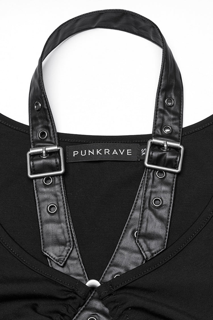 Black Halterneck Sleeveless Buckle Strap Women's Punk Vest - Product - 5