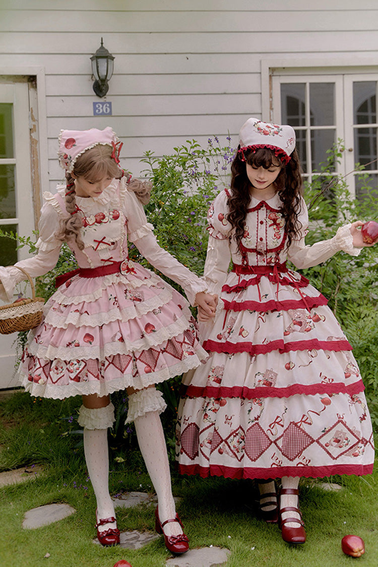 Red/Beige Triple-Layered [Apple Orchard] Print Ruffle Embroidery Sweet Lolita Long Skirt - Product - 4