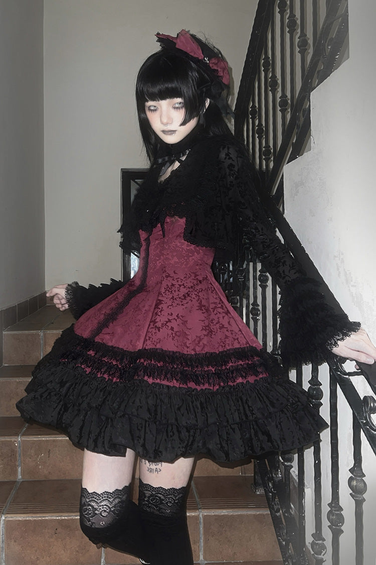 [Escape] Double-Layered Jacquard Striped Printed Ruffled Slim Gothic Lolita Jumper Dress 3 Colors - Black/Red - 13