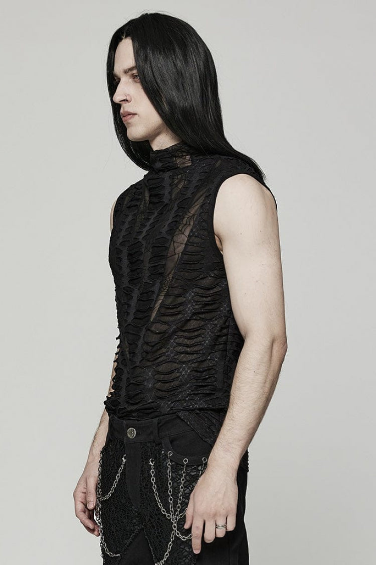 Black High Collar Hollow Spider Mesh Ripped Asymmetric Mens Gothic Vest - Product - 2
