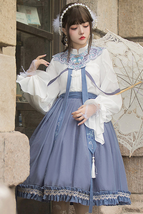 White/Blue Chinese Style Hollow Long Sleeve Classic Lolita Dress Full Set - Product - 2