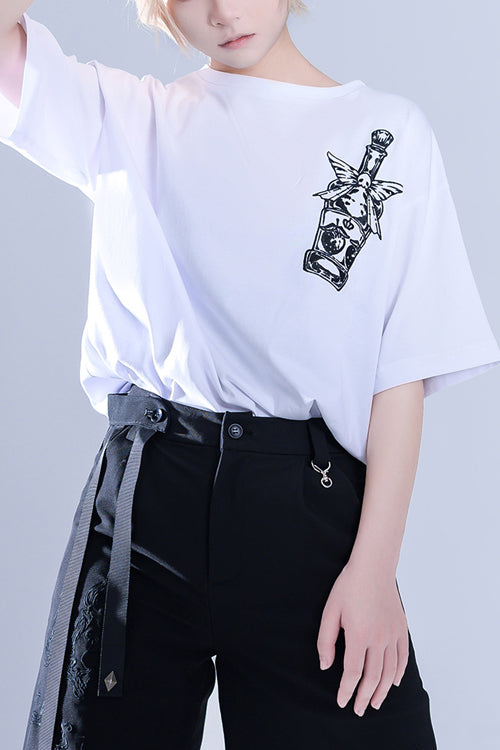 White Round Collar Spooky Shadow Embroidered Loose Ouji Lolita Short Sleeves - White - 1