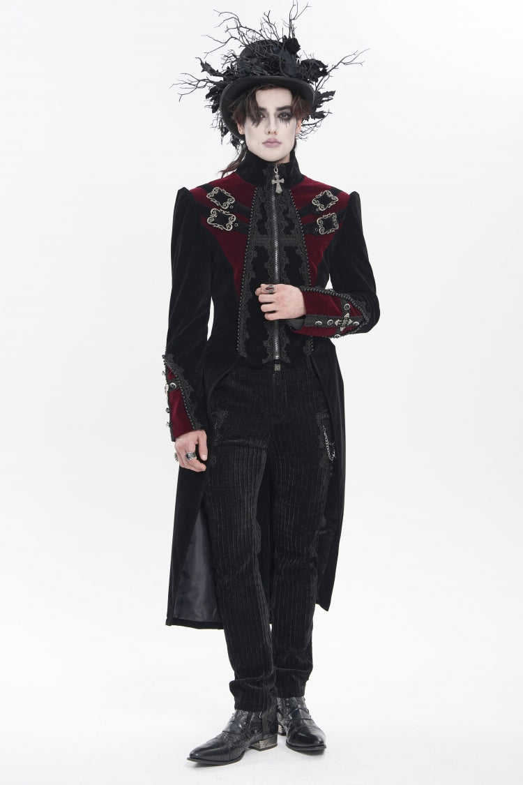 Black Stand Collar Long Sleeves Embroidered Color-Blocked Buckled Zippered Men's Gothic Palace Jacket - Product - 4