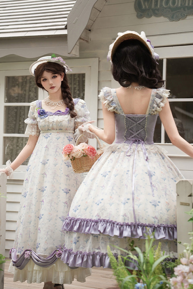 Purple/Ivory [Iris Secrets] Double-Layered Print Ruffle Bowknot Lace-Up Fake Two Pieces Sweet Lolita Jsk Dress - Product - 15