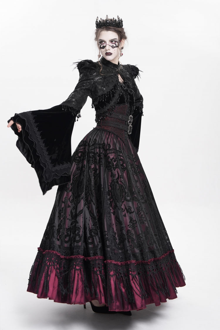 Red Jacquard Embroidery Buckle Tassels Women's Gothic Long Skirt - Product - 12