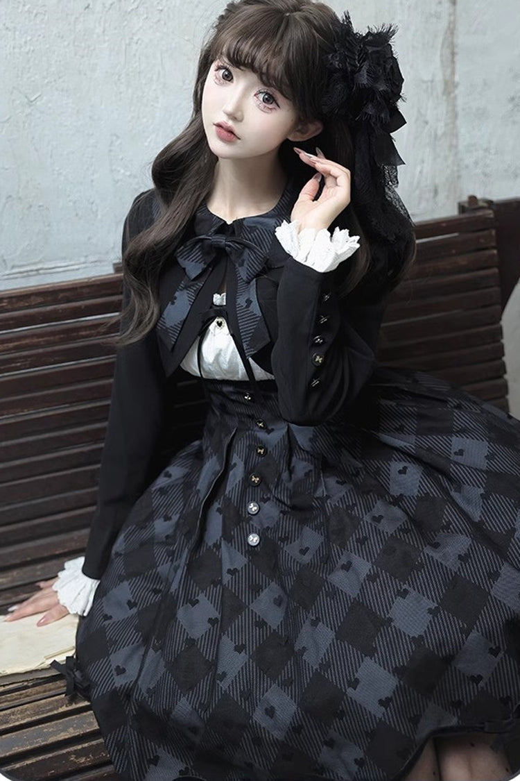Black [Swan] Short Sleeves Plaid Print Sweet Elegant Princess Lolita Dress Short Version - Product - 15