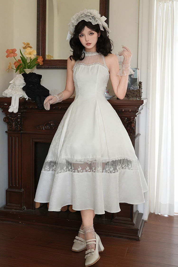 White [Flowers in the Mist] Off Shoulder Halterneck Print Ruffle Gothic Elegant Lolita Dress - Product - 2