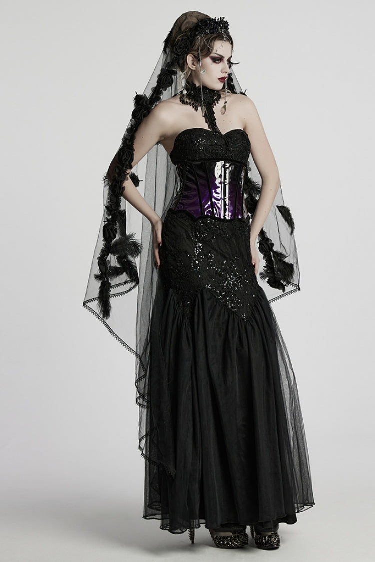 Black Off Shoulder Embroidery Lace Slim Women's Gothic Gown Fishtail Dress - Product - 4