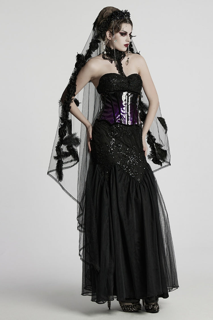 Black Off Shoulder Embroidery Lace Slim Women's Gothic Gown Fishtail Dress - Product - 4