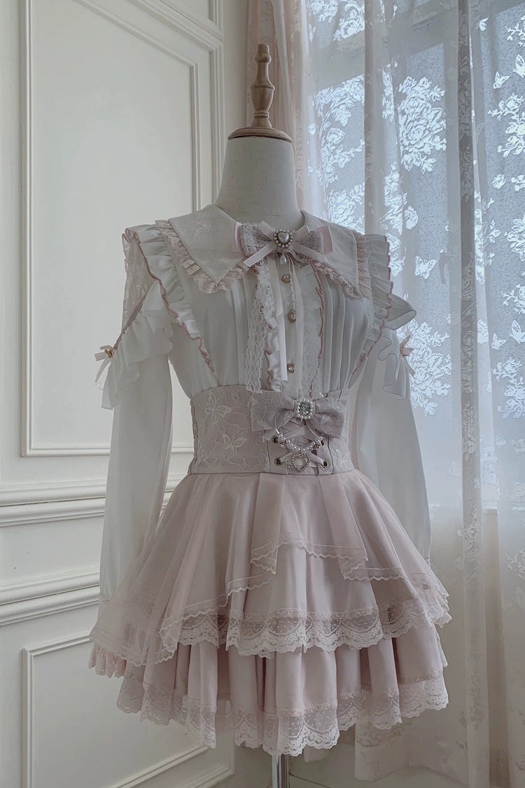 White/Pink [Dreamy Love Ballad] Lapel Collar Long Sleeves Double-Layered Ruffled Cut-Out Bow Gothic Japanese Jirai Kei Skirt Set - Product - 10