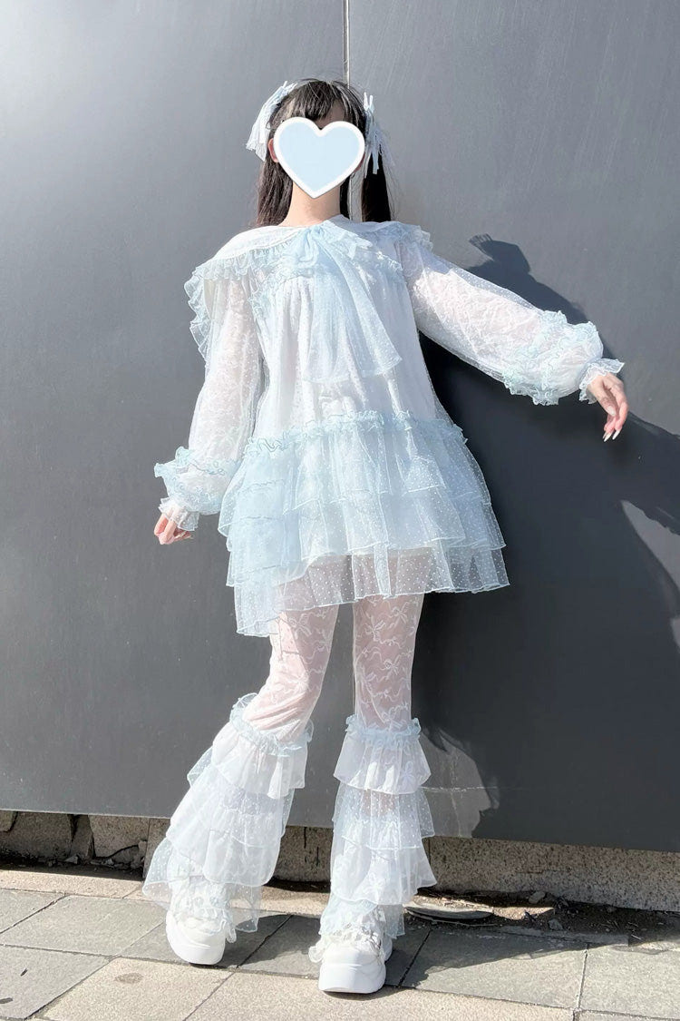 Blue [Sea Salt Soda] Navy Collar Long Sleeves Multi-Layered Ruffled Lace Sheer Jirai Kei Dress - Blue(Set) - 1