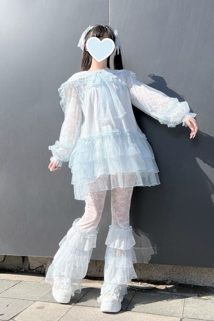 Blue [Sea Salt Soda] Navy Collar Long Sleeves Multi-Layered Ruffled Lace Sheer Jirai Kei Dress - Blue(Set) - 1