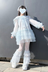 Blue [Sea Salt Soda] Navy Collar Long Sleeves Multi-Layered Ruffled Lace Sheer Jirai Kei Dress - Blue(Set) - 1