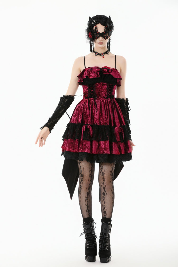 Wine Red Corset Lace-Up Velvet Irregular Pointed Tail Women's Lolita Gothic Cami Mini Dress - Product - 11