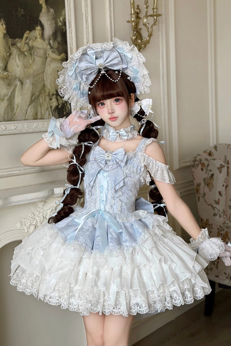 Blue [Pearl Ballet] Square Collar Sleeveless Multi-Layered Ruffled Bow Lace-Up Pearl-Decorated Sweet Ballet Lolita Jsk Dress - Product - 2