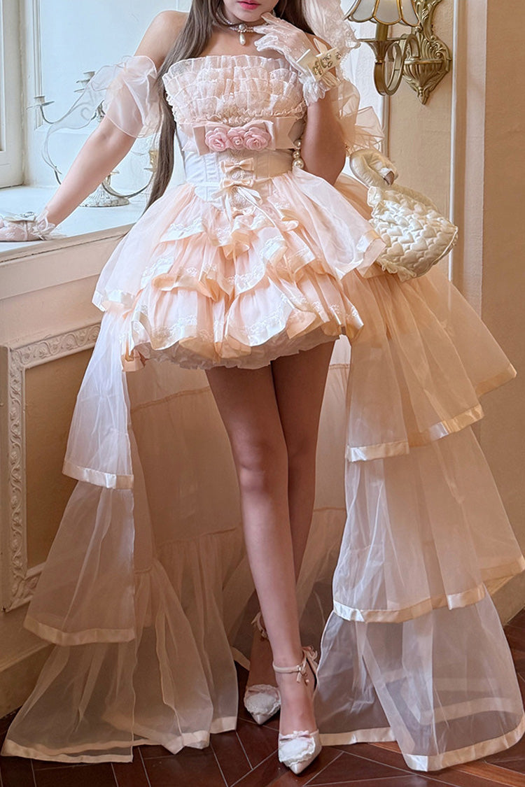 Pink [Mousse Love Song] Off Shoulder Sleeveless Triple-Layered Ruffled Hanayome Bow Sweet Elegant Ballet Lolita Short Dress Set - Pink-Train(Only) - 9