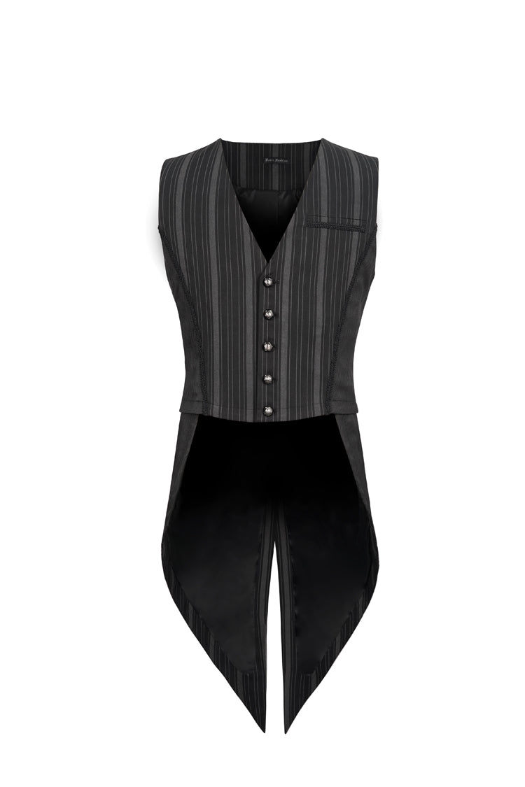 Black Retro Micro-Elastic Thick Stripe Stitching Three-Dimensional Texture Detachable Men's Punk Swallowtail Vest - Product - 6