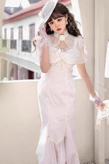 White [Camellia 1.0] Sleeveless Jacquard Ruffle Lace Sweet Chinese Style Lolita Jsk Fishtail Dress - Product - 2