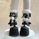 Black Cute Platform Thick-Soled Bowknot Lace-Up Sweet Lolita Plush Boots - Product - 6