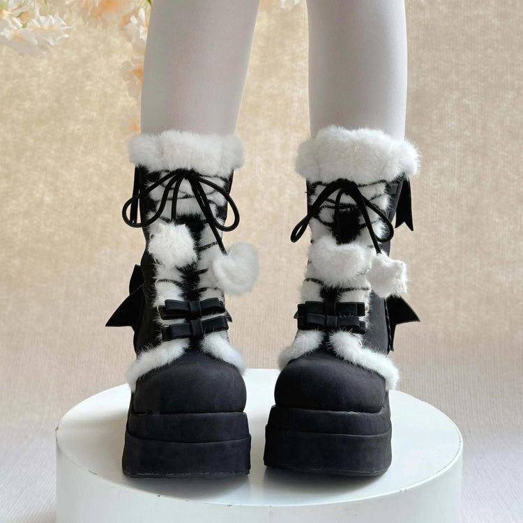 Black Cute Platform Thick-Soled Bowknot Lace-Up Sweet Lolita Plush Boots - Product - 6