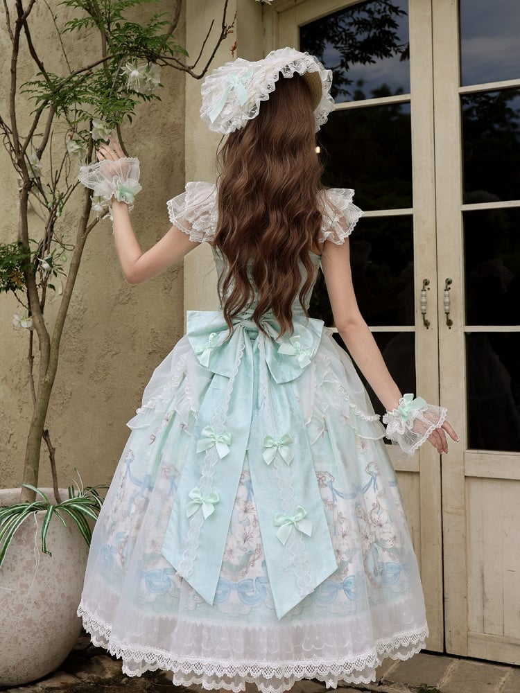 Mint green lily print Lolita gown full look