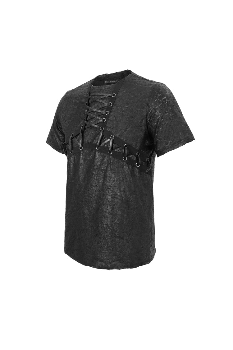 Black Broken Holes Thick Stripes Chest Lace-Up Knit Short Sleeve Men's Punk T-Shirt - Product - 8