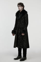 Black Fuax Fur Collar Long Sleeves Jacquard Zipper Men's Gothic Coat - Product - 2