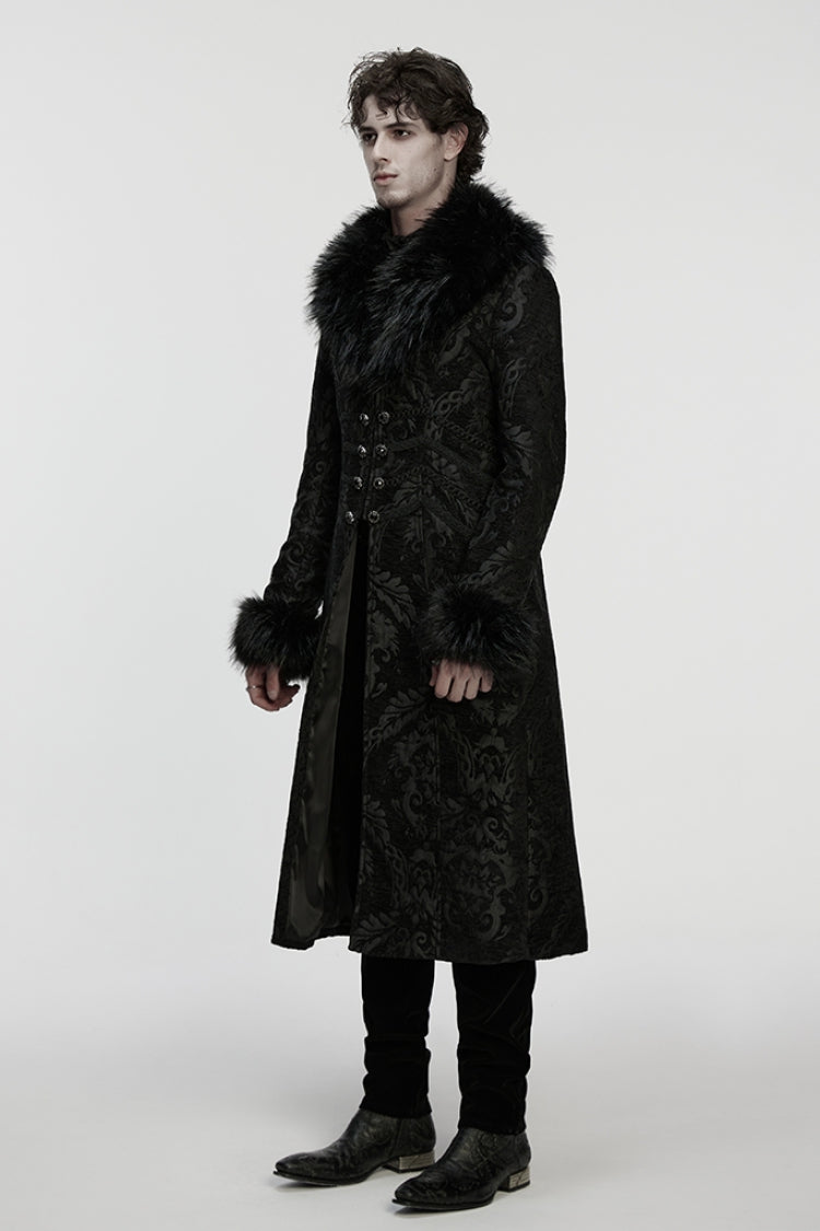 Black Fuax Fur Collar Long Sleeves Jacquard Zipper Men's Gothic Coat - Product - 2