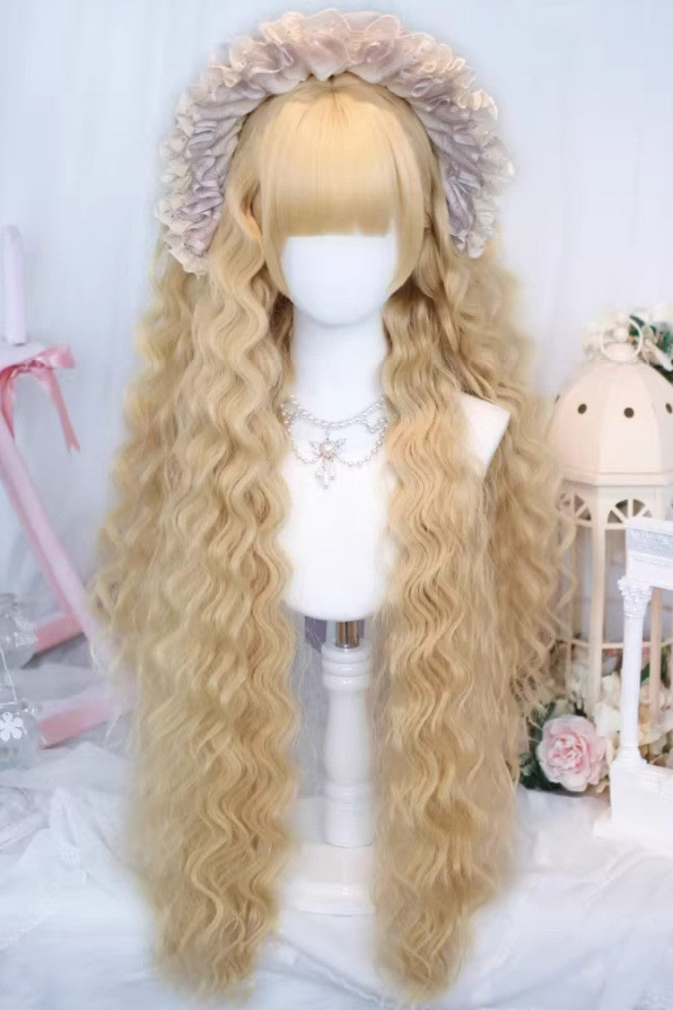 Light Gold Roman Ringlet Curls Long Wig with Blunt Bangs Sweet Lolita Style - Light-Gold - 1