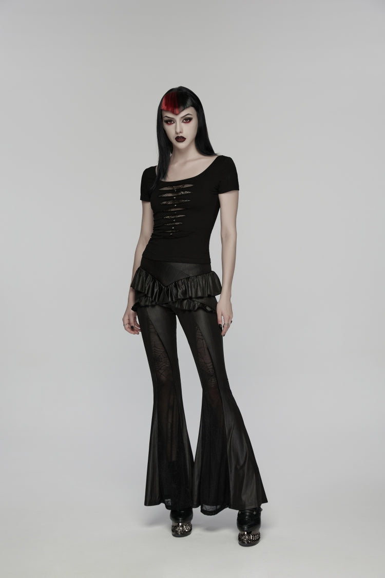 Black Round Collar Short Sleeves Slim Sheer Ripped Studded Women's Punk T-Shirt - Product - 6