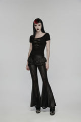 Black Round Collar Short Sleeves Slim Sheer Ripped Studded Women's Punk T-Shirt - Product - 6