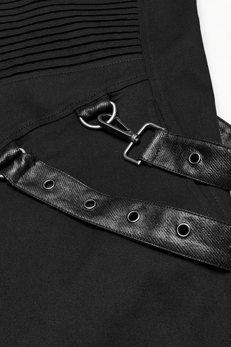 Black Lapel Collar Long Sleeves Hooded Pleated Men's Punk Coat with Buckle Strap - Product - 7