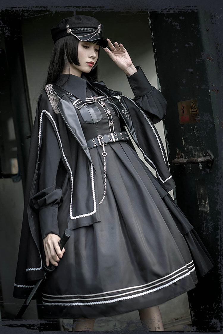 Dark V Neck Bowknot Rivets Epaulettes Sleeveless Military Uniform PU Gothic Lolita Jsk Dress - Product - 2