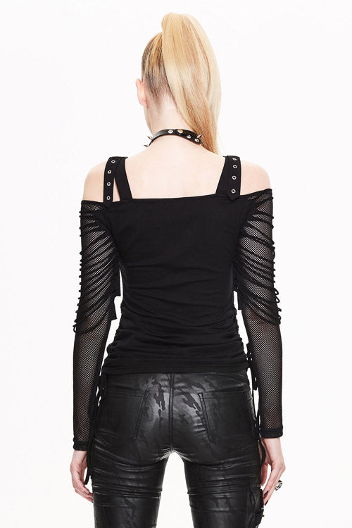 Black Skull Print Long Sleeves Drawstring Halter Cotton Women Punk T-Shirt - Product - 3