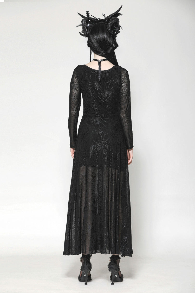 Black Long Sleeves Lace-Up Spiderweb Women's Gothic Elegant Witch Long Dress - Product - 4
