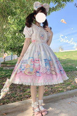 White/Pink Duck Bear Toys Print Short Sleeves Ruffle Bowknot Sweet Lolita Dress - Product - 4