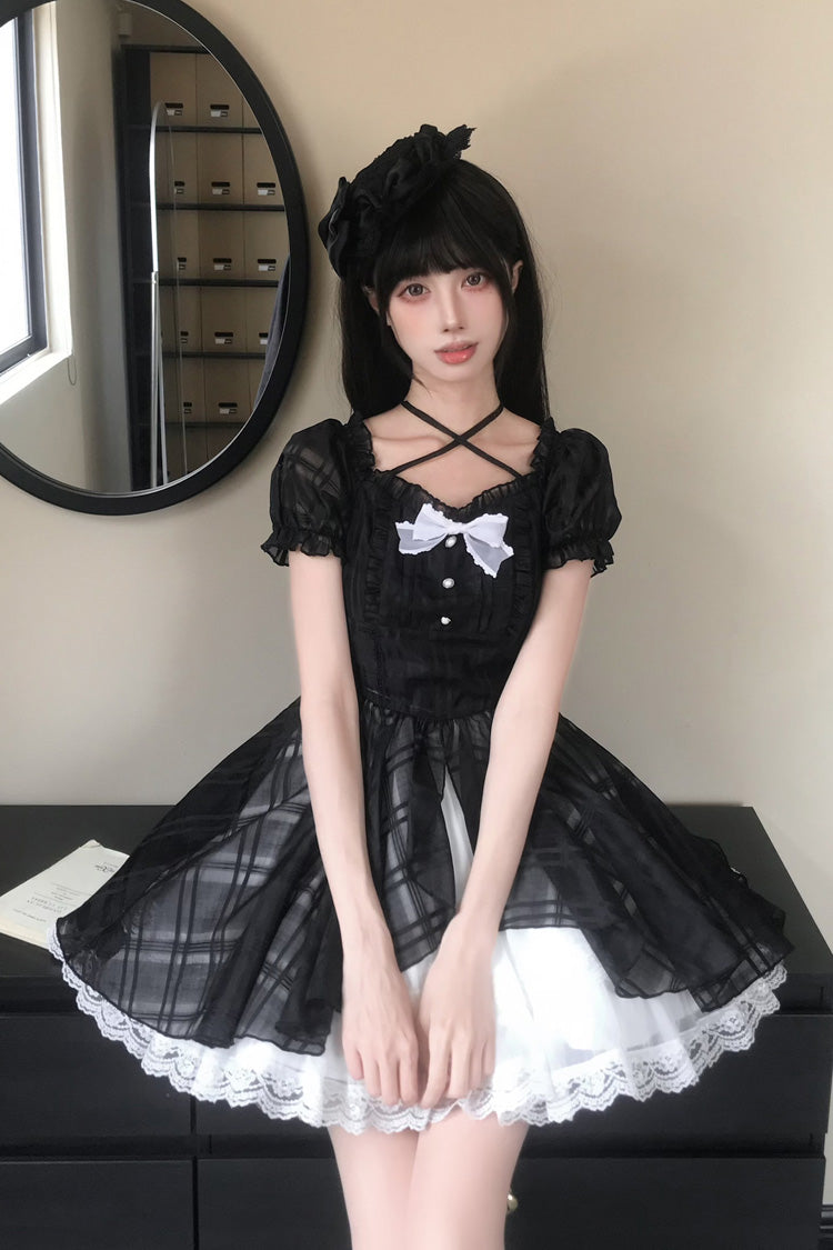 Black/White Square Collar Short Puff Sleeves Plaid Printed Ruffled Bow Lace Sweet Princess Lolita Dress - Product - 3