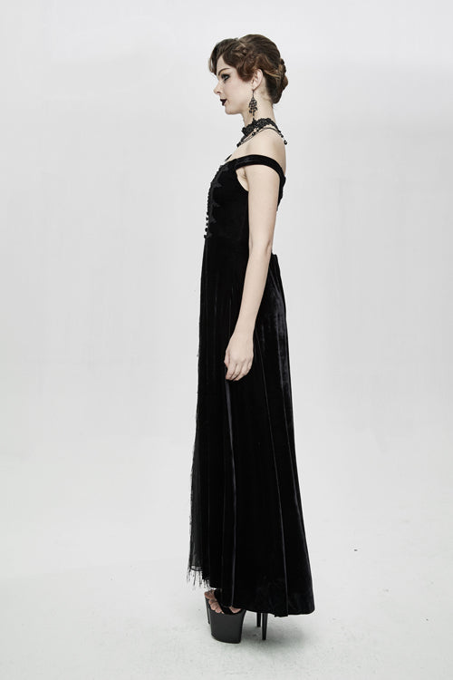 Gothic Queen Velvet Flat Shouders Lace Up Deep V Chest Slim Sexy Womens Long Dress - Product - 3