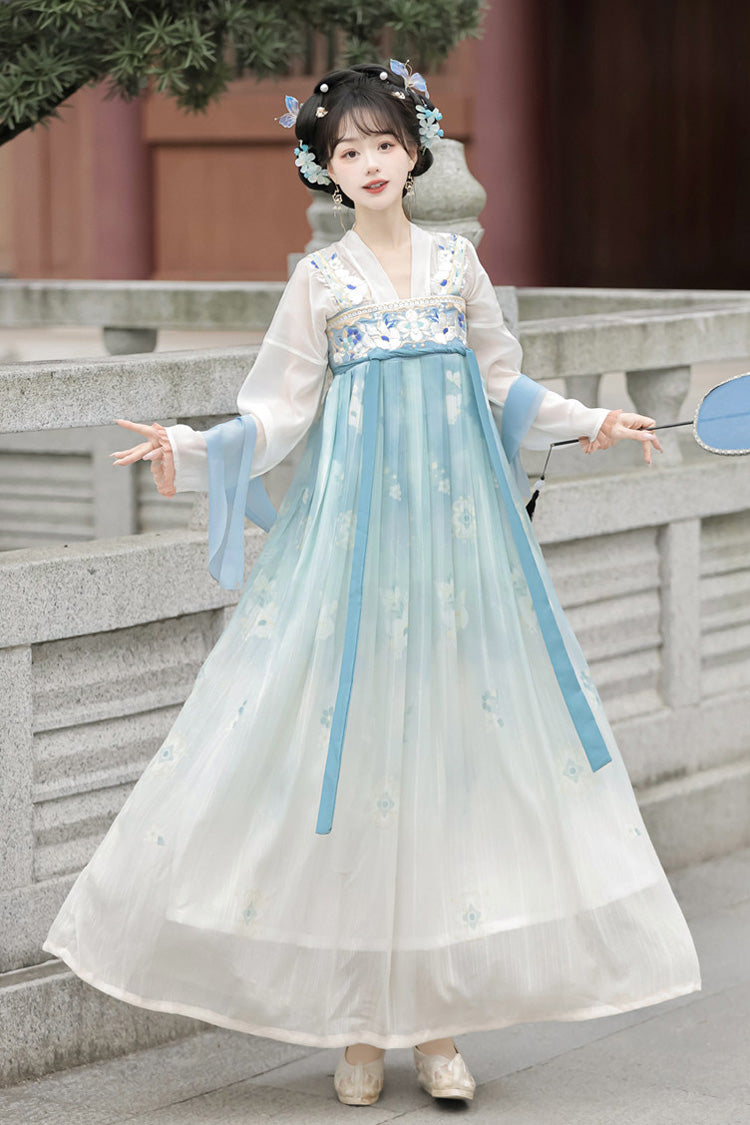 Blue Long Sleeves Tang-Style Qixiong Ruqun Printed Lace Sweet Hanfu Dress Set - Blue - 1