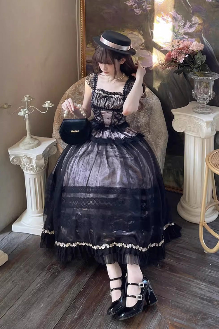 Grey/Pink [Mist-shrouded Vineyard] Sleeveless Ruffle Bowknot Lace-Up Sweet Lolita Jsk Skirt Dress Set - Product - 2