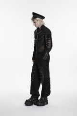 Black Stand Collar Long Sleeves Spliced Lace-Up Mesh Studded Buckled Eyelet Men's Punk Jacket - Product - 4