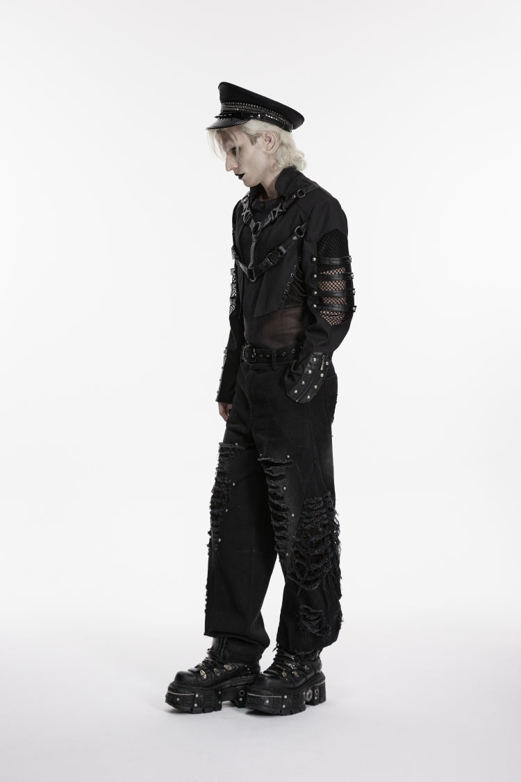 Black Stand Collar Long Sleeves Spliced Lace-Up Mesh Studded Buckled Eyelet Men's Punk Jacket - Product - 4
