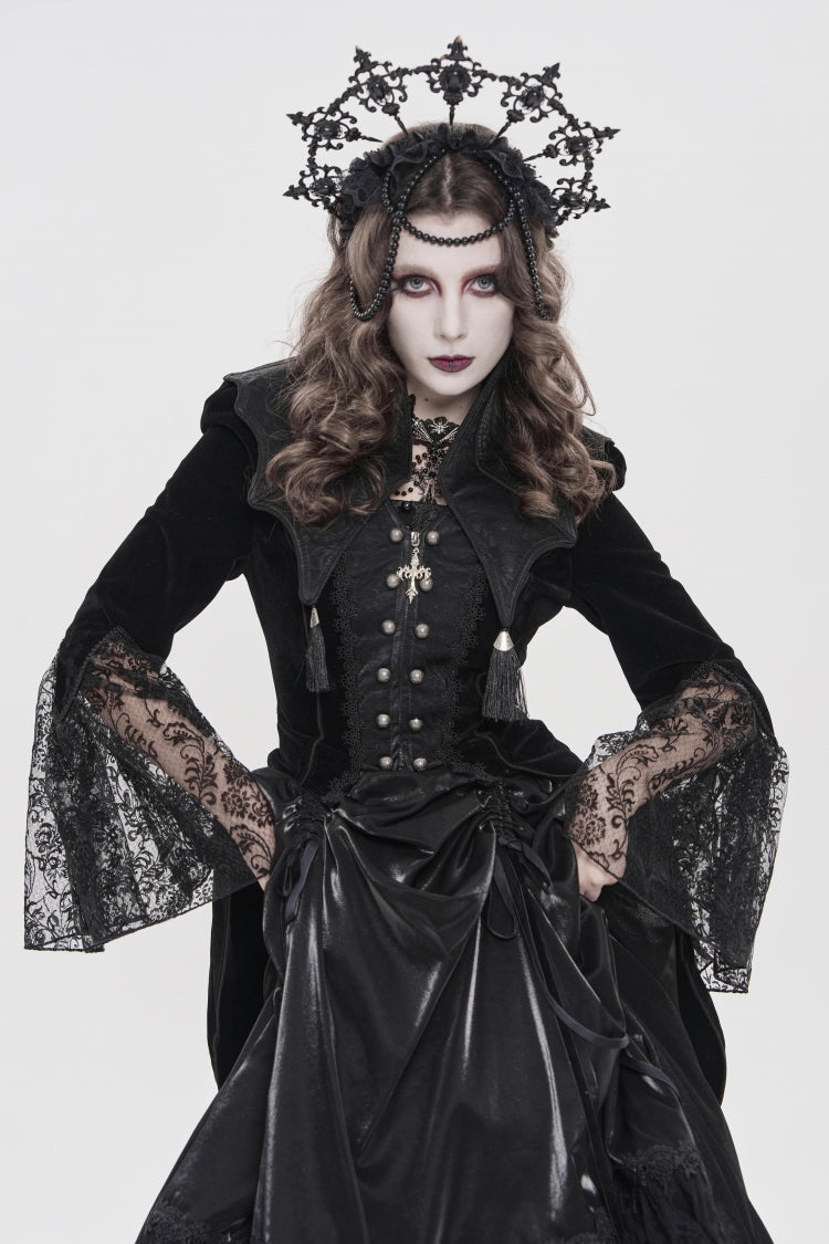 Black Long Trumpet Sleeves Embroidered Lace Slim Zippered Women's Gothic Bat Wing Collar Double-breasted Zip Jacket - Product - 7